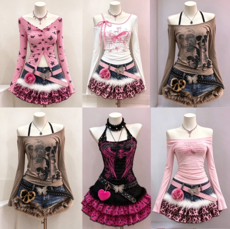 Vintage Y2K Harajuku Retro Punk Gothic Leopard Print Korean Subculture 2 Piece Matching Suits Shirts Mini Skirt Street Outfits