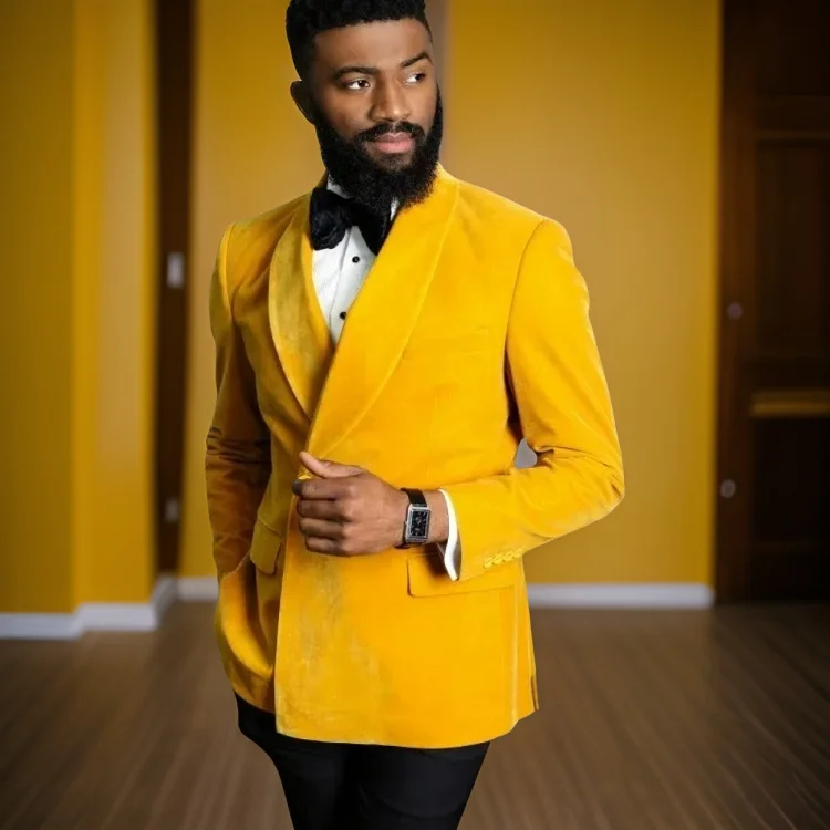 

Formal Men Suits Slim Fit Groom Tuxedo for Wedding 2 Pcs Yellow Velvet Smoking Jacket Groomsmen Suit (Blazer+Pants) 2024
