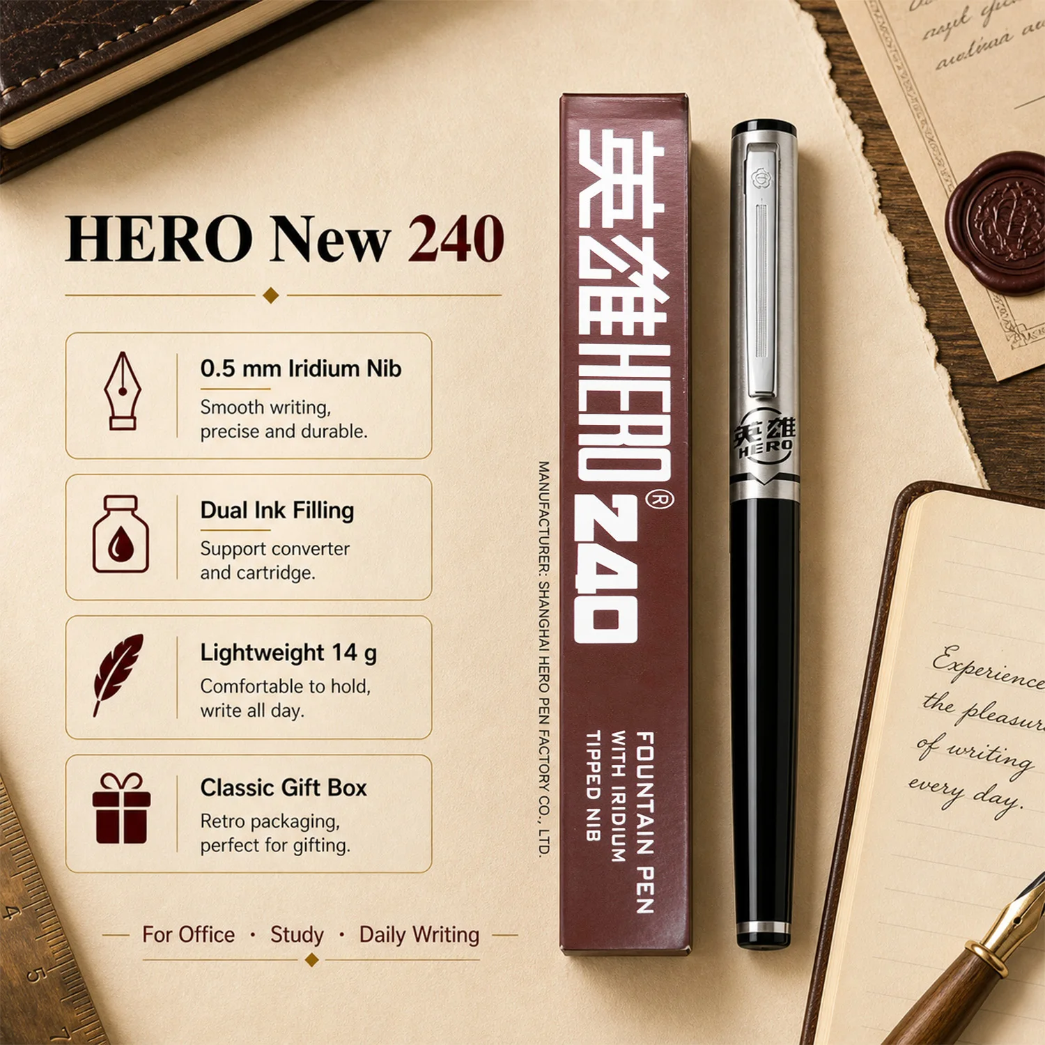 Hero 240 Classic Fountain Pen 0.5mm Iridium Fine Nib Lightweight ABS Body Metal Cap & Clip Push-pull Ink Converter 2.6mm Ink Cartridge Refillable Smooth Writing Pen for Students Daily Use Calligraphy Practice School Office Supplies Local Inventory