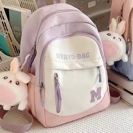 New Womens Pastel Color Block Mini Backpack with Cute Plush Bunny Charm Preppy Style Small School Backpack for Teen Girls