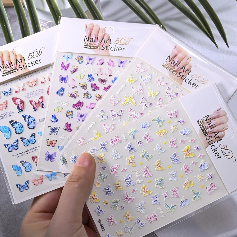 1Pc 5D Embossed Colorful Butterfly Nail Art Sticker Daisy Petal Hollow Wings Self-Adhesive Decals DIY Slider Manicure Decoration