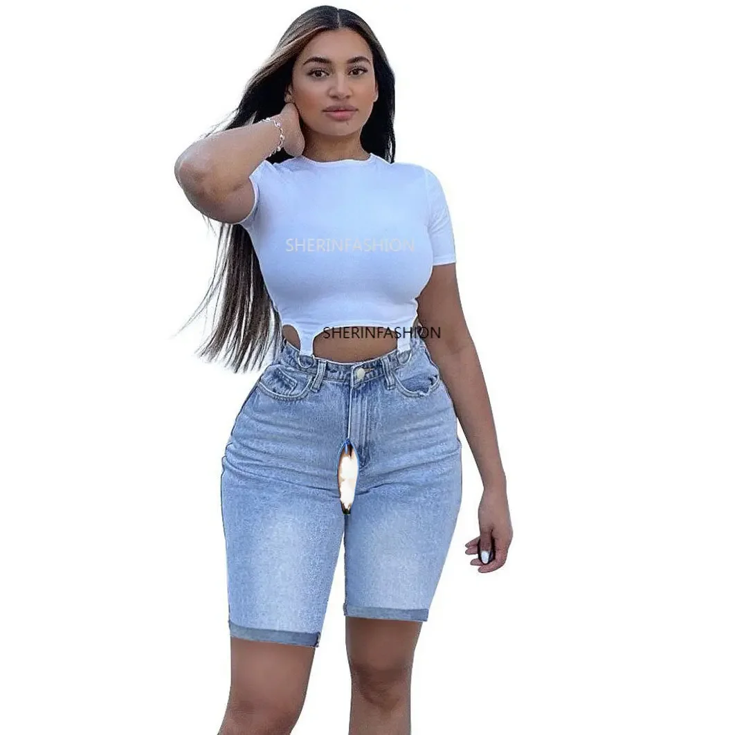 

Summer Open Crotch Pants Boyfriend Denim Women Denim Short Fifth Hotpants Women's Thin High Waist Short Ripped Jeans Outdoor Sex