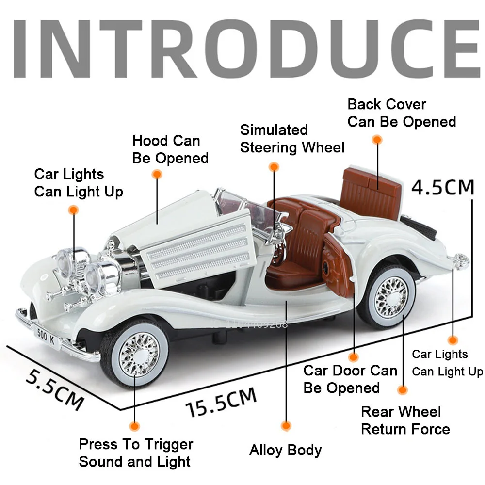 1:32 500k 300sl modelo de carro vintage brinquedo absorção de choque liga diecast modelos de veículos som luz puxar para trás coleção crianças presentes