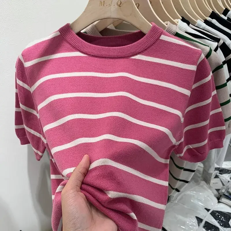 White Striped Short Sleeved T-shirt for Women Fashion LOOSE T-shirts Casual Simple Versatile Knitted Top Women 2024 Summer New