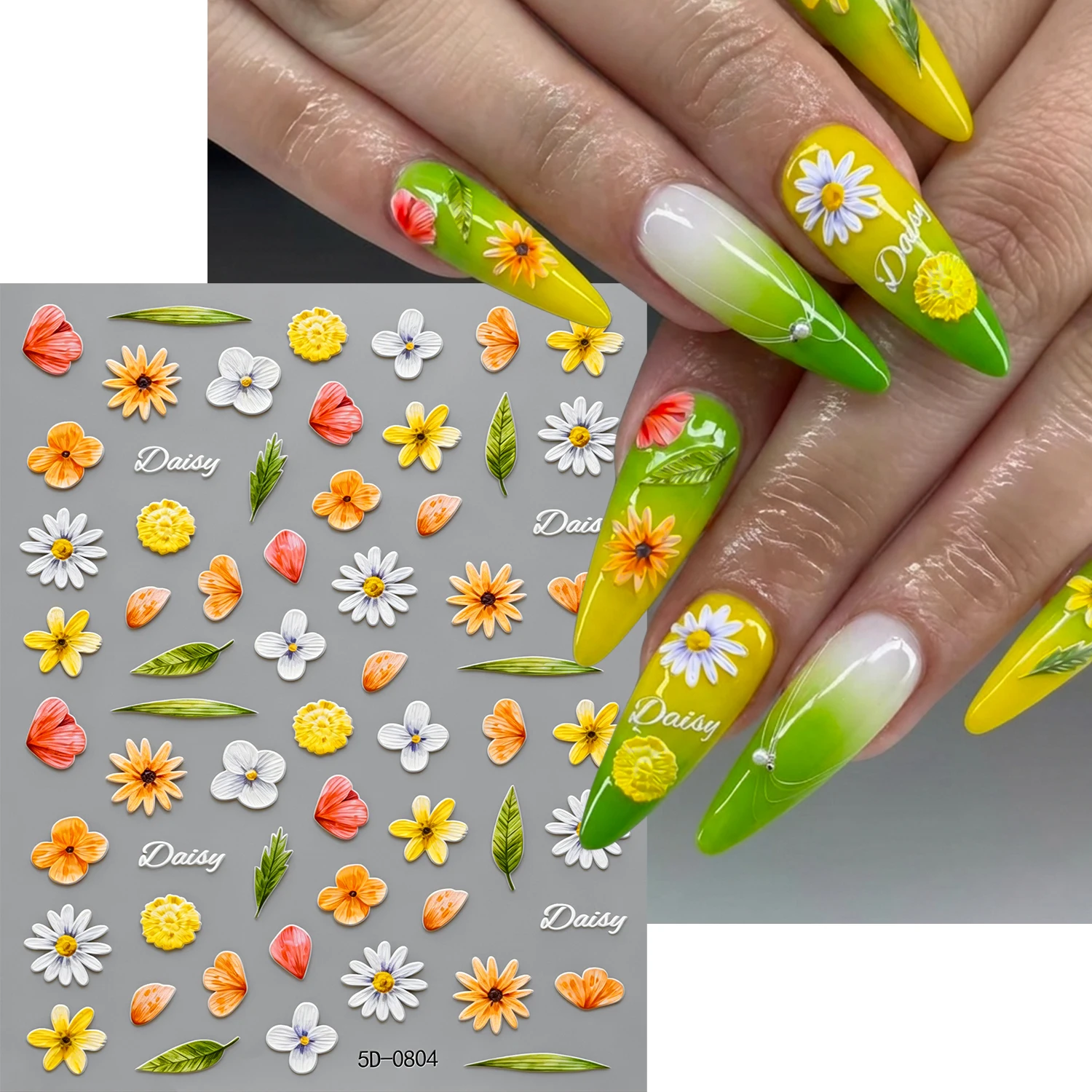

5D Embossed Hand-painted Daisies Nail Stickers Orange Flower Pastoral Style Nail Decals Floral Green Leaves Manicure Art Sliders