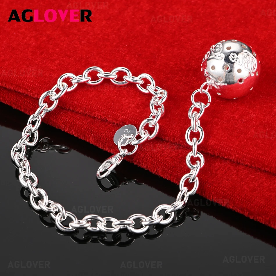 

AGLOVER 925 Sterling Silver Chain Hollow Ball Pendant Bracelet Women Fashion Wedding Party Jewelry