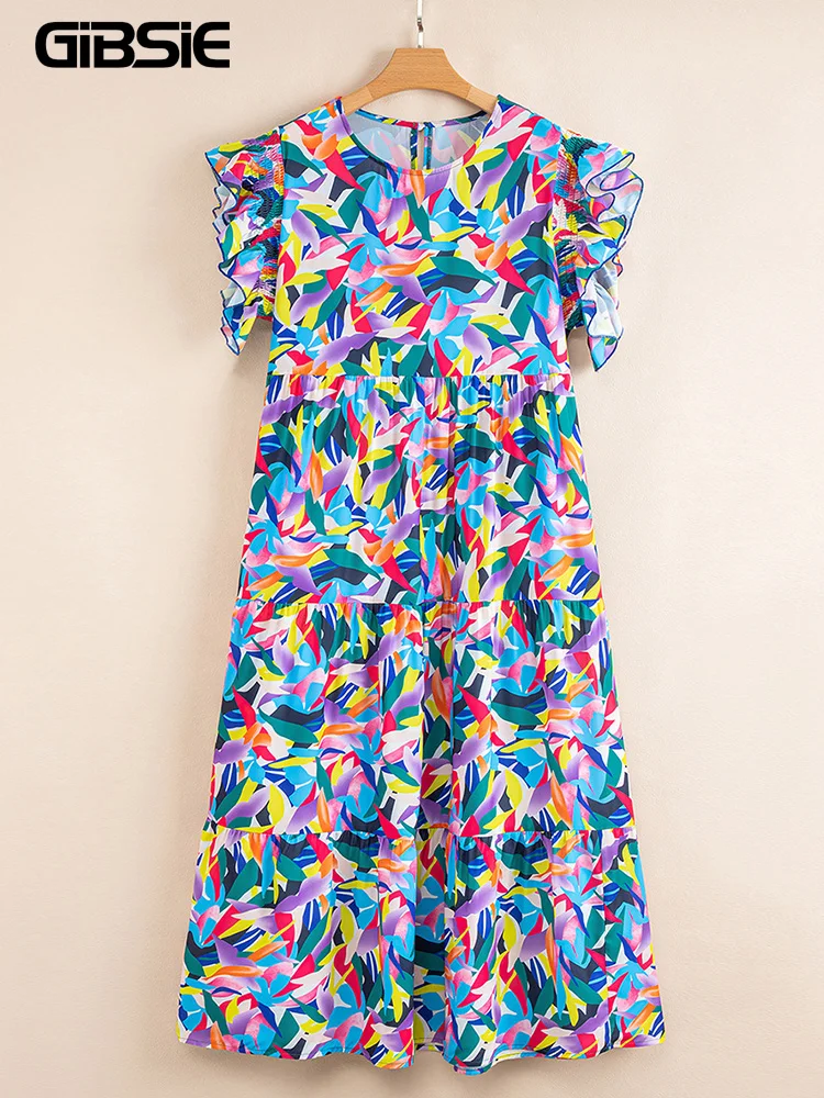 

GIBSIE Plus Size Geo Print O-Neck Flying Sleeve Dress Women 2025 Summer Holiday Style Boho Ruffle Hem Loose Maxi Long Dresses