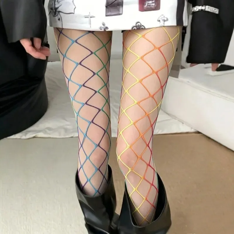 Subculture Gradient-colored Fishnet Stockings Women Summer Y2K Large/Medium Mesh Colorful Tights Gothic Sheer Slim Pantyhose