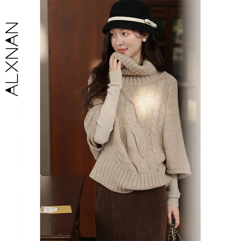 

ALXNAN Women's Sweaters Khaki Turtleneck Twisted Pattern Knitted Sweaters Autumn Winter Versatile Commuting Knitwear L58282-1