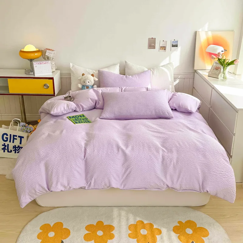 

Seersucker Bedding Set Minimalist Skin Friendly Duvet Cover Bed Sheet and Pillowcases Modern Urban Bedroom Bed Linens Comforters