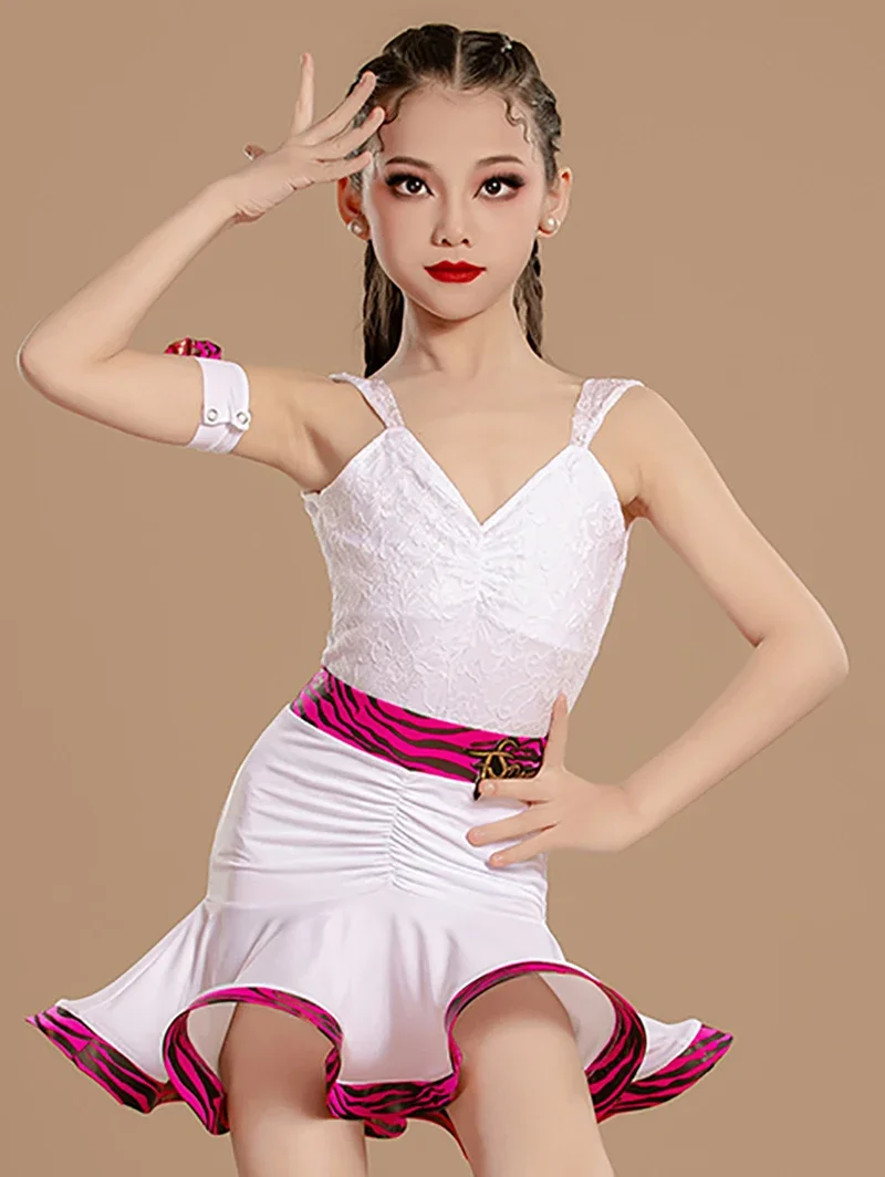 Costume da ballo latino per bambina, body in pizzo senza maniche, senza schienale e gonne lunghe, set da allenamento per bambini, abbigliamento da ballo per sala da ballo