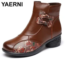 Women's Ankle Boots 5cm Print Cloth Genuine Leather Handmade Knot Autumn Spring Platform Wedge Flats Loafer Ladies Shoes