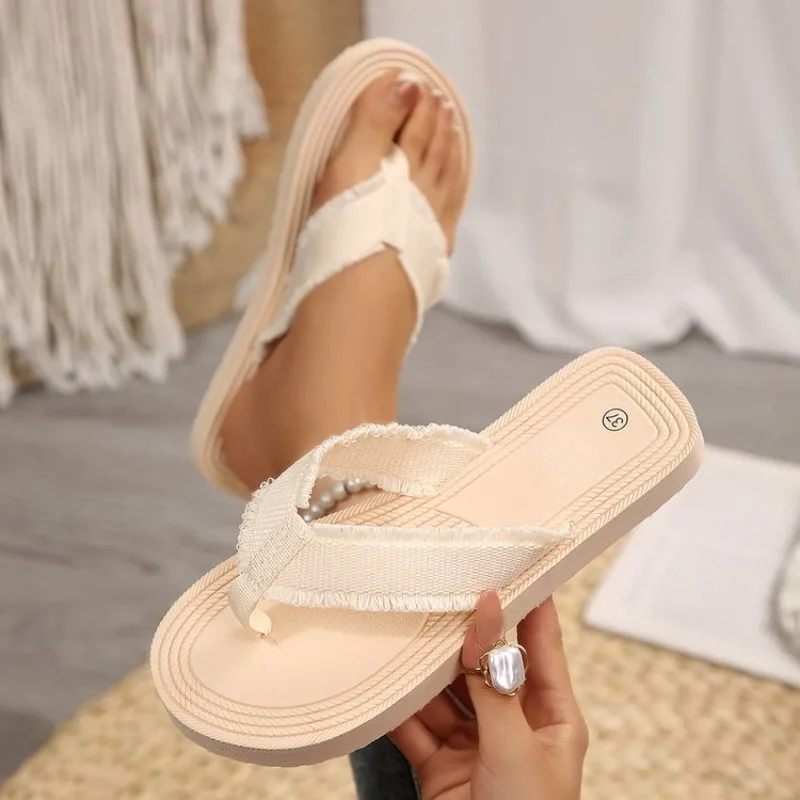 Women's Sandals Open Toe Low Heel Frayed Edge Strap Slide on Casual Everyday Footwear Summer Trip Scenic Walking Outdoors Shoes