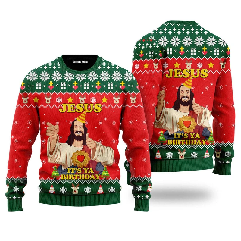 Yesus Christian Sweatshirt 3D dicetak Ugly natal Sweater untuk pria wanita pesta liburan Sweatshirt pria kasual kebesaran Pullover