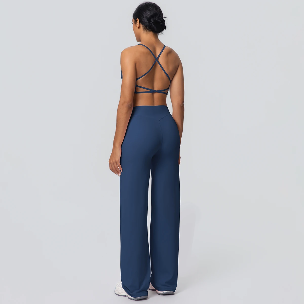 Frauen Gym Sport Yoga Anzug Sexy Schöne Zurück Yoga Unterwäsche Mit Brust Pad Einfarbig Hohe Taille Breite Bein Hosen Yoga Set – Detail 19
