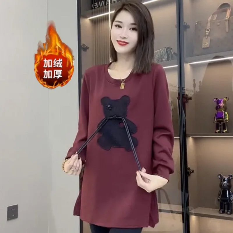 

Autumn and Winter Korean Style Velvet Thickened Embroidered Mid-length Long-sleeved Sweatshirt with Temperament and Loose Top