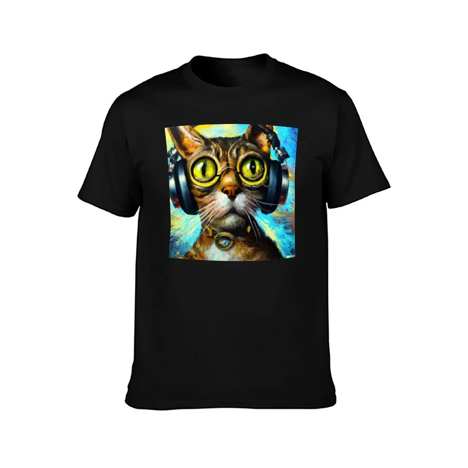 AI Generated Art, DJ Cat in a Headset T-Shirt Work Outdoor Short Sleeve Tee T-Shirt