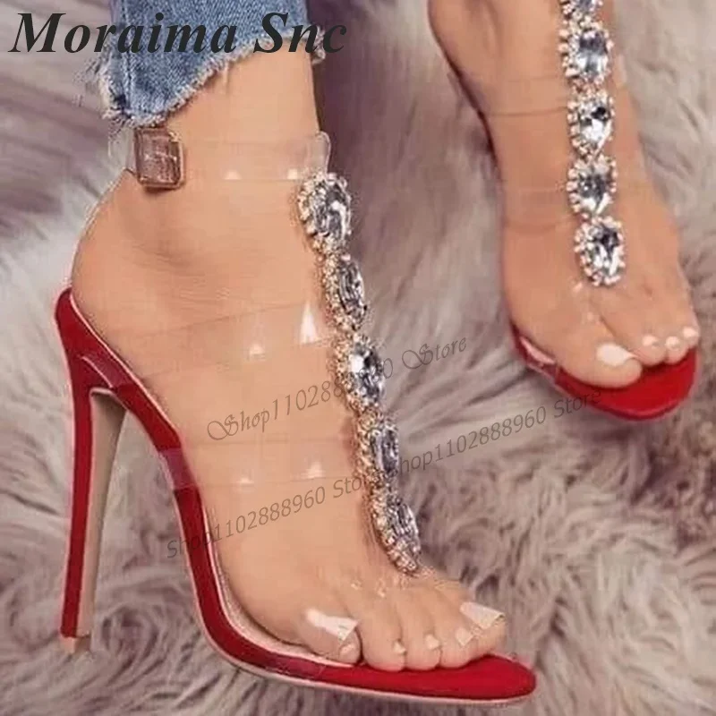 

Сексуальные женские босоножки на высоком каблуке с Т-образным ремешком из ПВХ, украшенные кристаллами, с ремешком на щиколотке и открытым носком, 2023, Zapatos Para Mujere