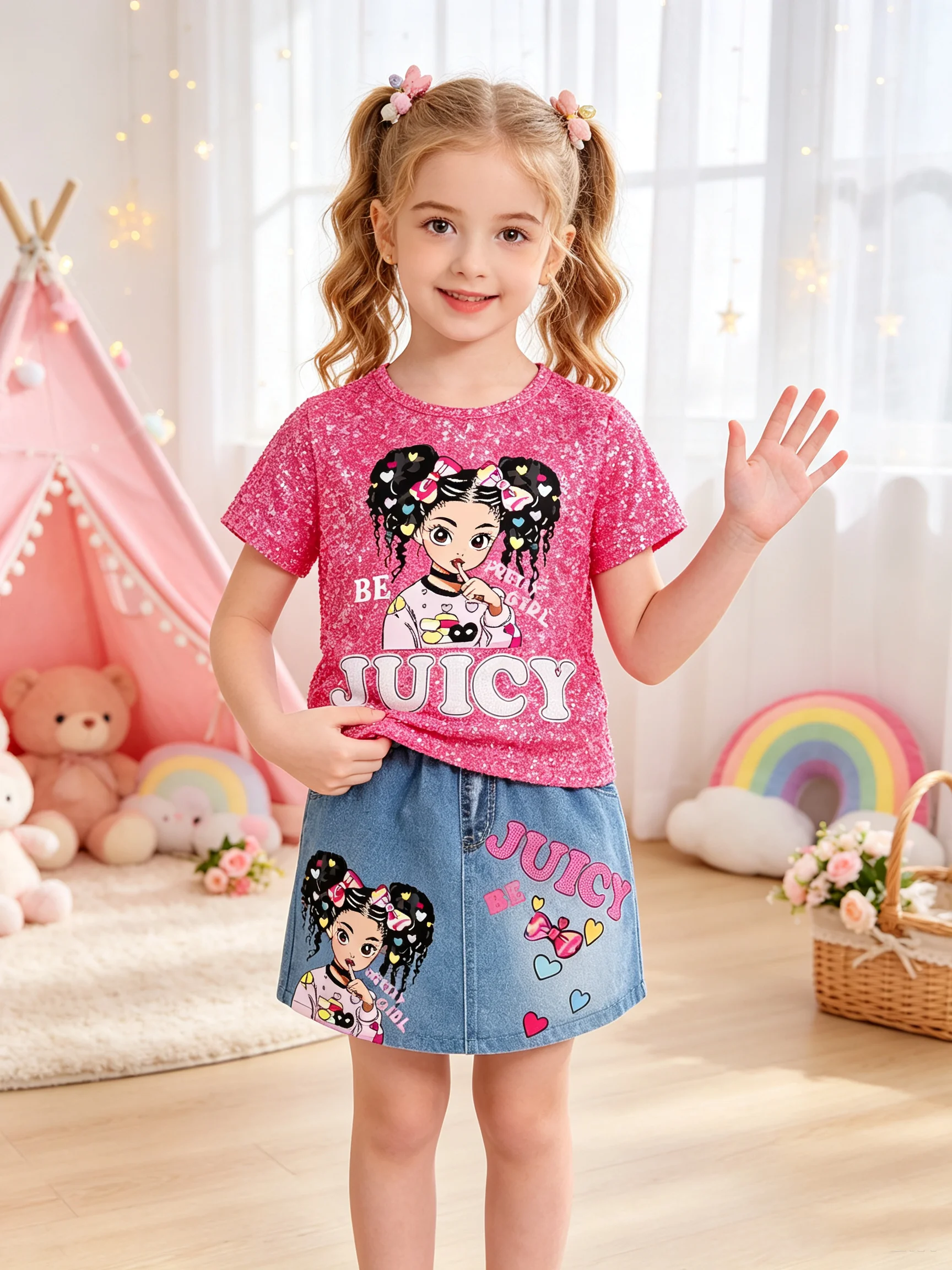 Cute Portrait Printed Short Sleeve T-Shirt And Synthetic Denim Skirt Elastic Fabric Daily Travel Suitable Outfit