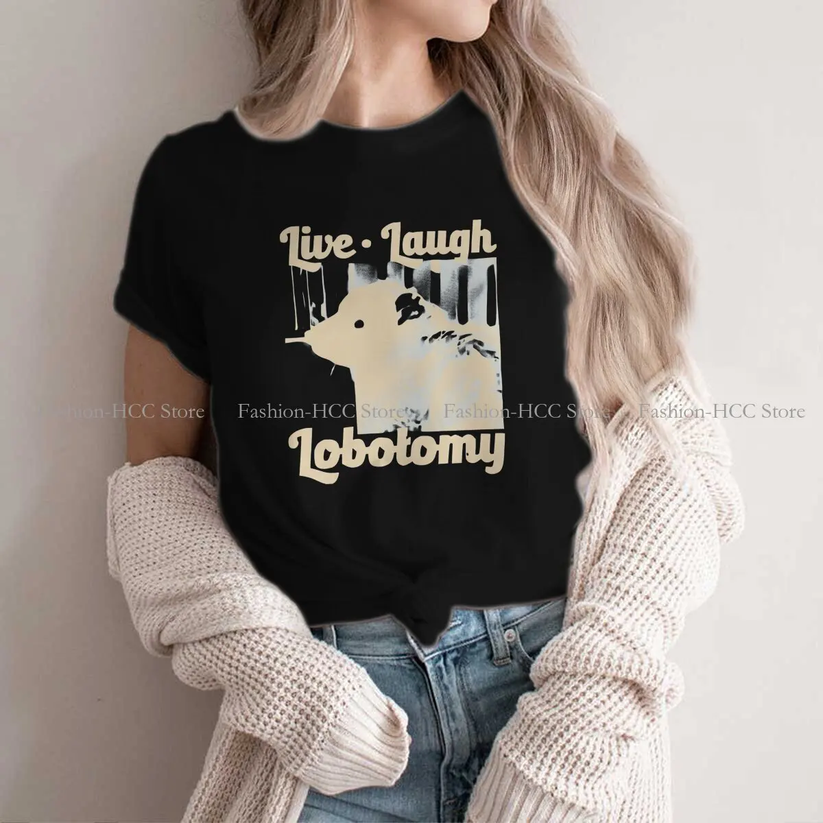 Live Laugh Lobotomy Newest Polyester TShirts Cute Opossum Mouse Female Harajuku Streetwear T Shirt Round Neck