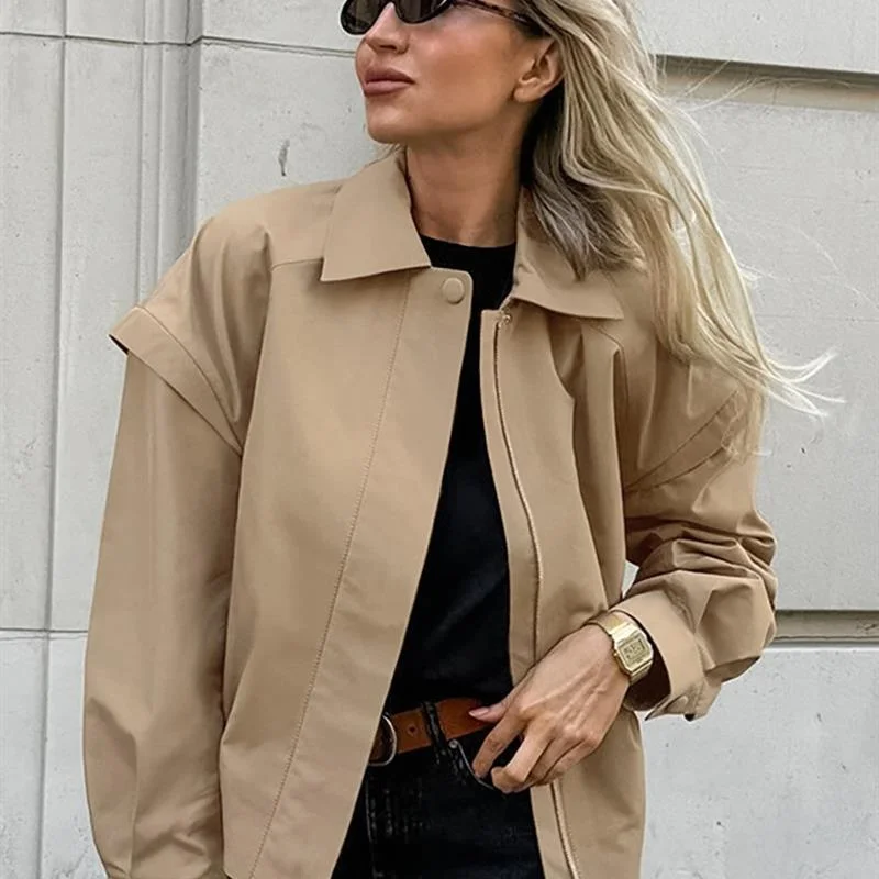 

Faioned Khaki Women's Jaets Winter 2024 Loose Fit Patchwork Polyester irt Sve plus Size Commute Sle Color