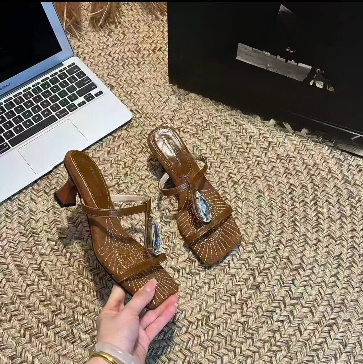 2026 Summer New Stylish Versatile Casual Women's Square-Toe Rhinestone Decor High-Heel Sandals