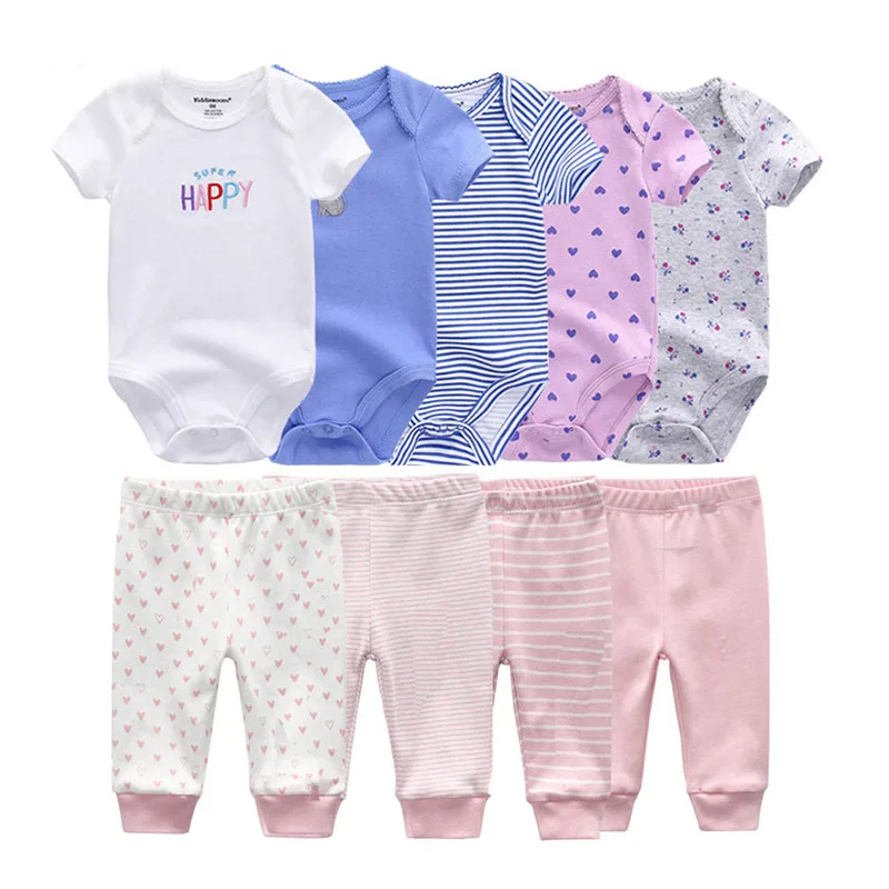 Unisex 6/9/10Pieces Cotton Bodysuits+Pants Newborn Baby Girl Clothes Print Baby Boy Clothes Sets Short Sleeve Bebes