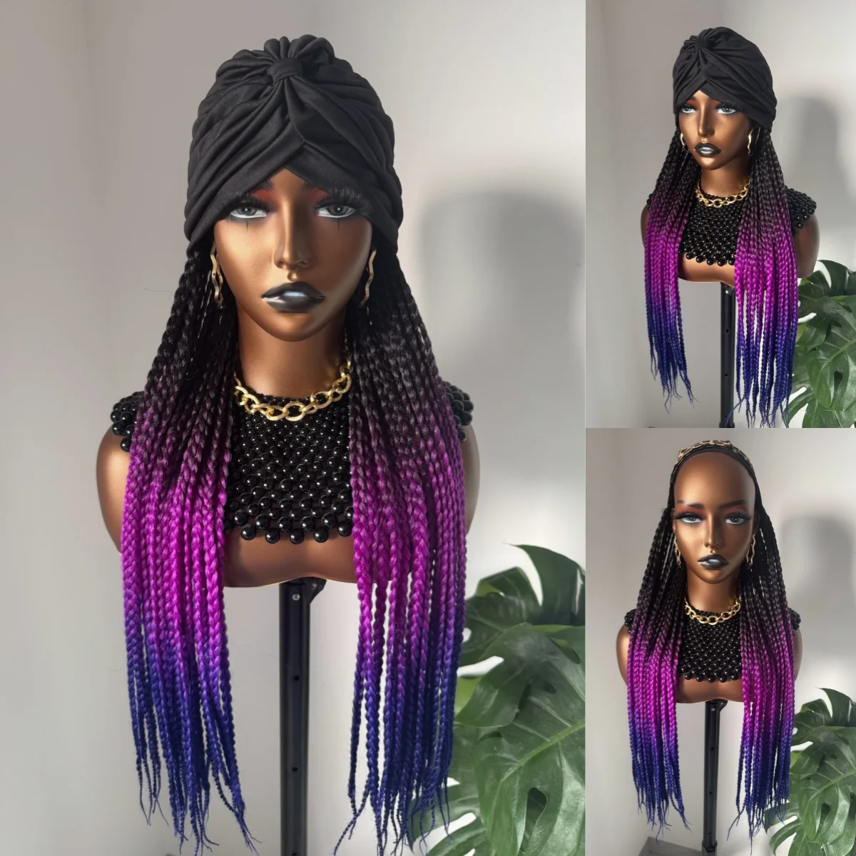 

Long 24Inch Ombre Black Burgundy Braided Synthetic Wig With Black Headband Turban With Braiding Hair Extensions For Black Women