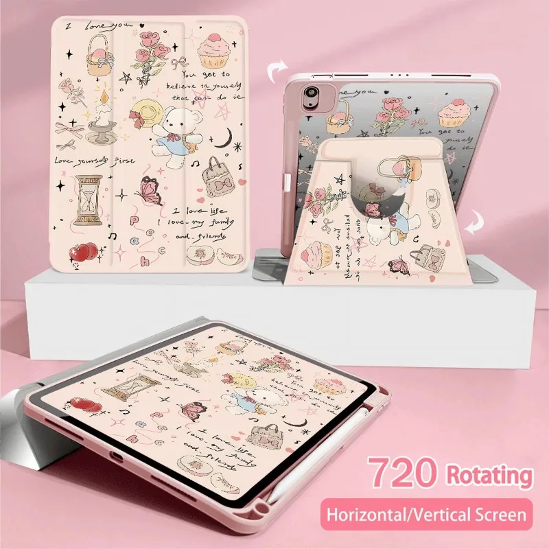 360 Degree Rotation Smart Cover for IPad Air 6 Case IPad 10th Gen Air 5th 4th 10.9 Pro 11 2020 IPad 10.2 7th 9th 8th Happy Bear