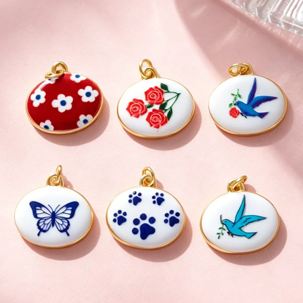 1PC Mixed Pattern Enamel Charms Rose Butterfly Crab Lobster Snail Swallow Paw Print copper Plated Oval Arch Pendant For DIY Neck
