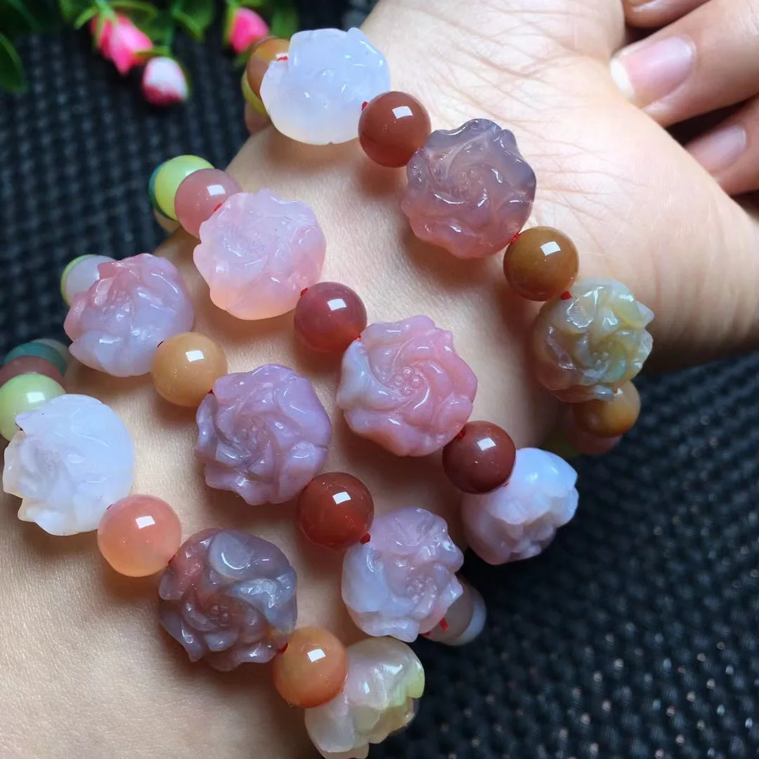 

1 Pc Fengbaowu Natural Stone Yanyuan Agate Peony Flower Bracelet Round Bead Crystal Fashion Jewelry Gift For Women