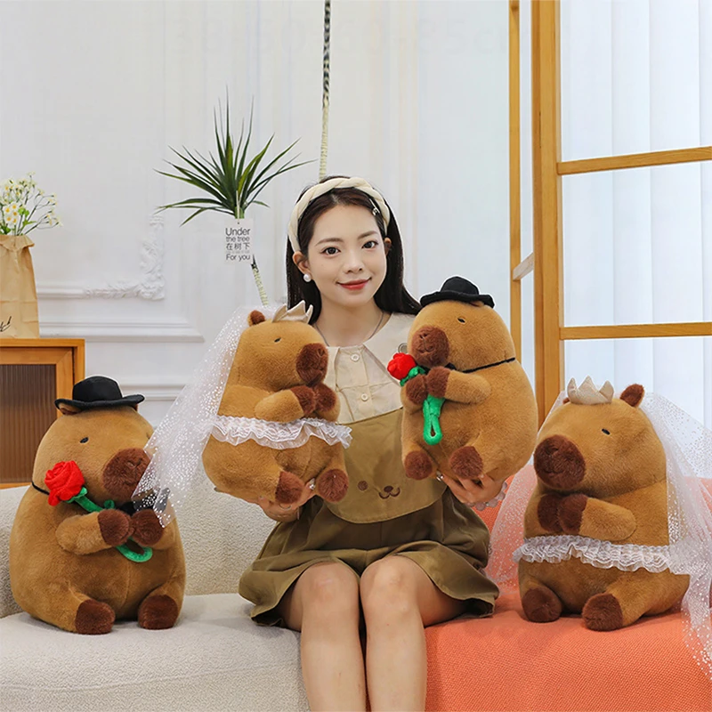 

Kawaii Plush Toy Cuddly Capybara Doll with Flower Cartoon Wedding Gentleman Stuffed Animal Pillow Gift for Kids Birthday Xmas