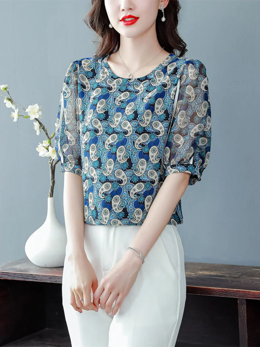 4XL Women Spring Summer Blouses Shirts Lady Fashion Casual Short Sleeve O-Neck Collar Flower Printing Blusas Tops G2198