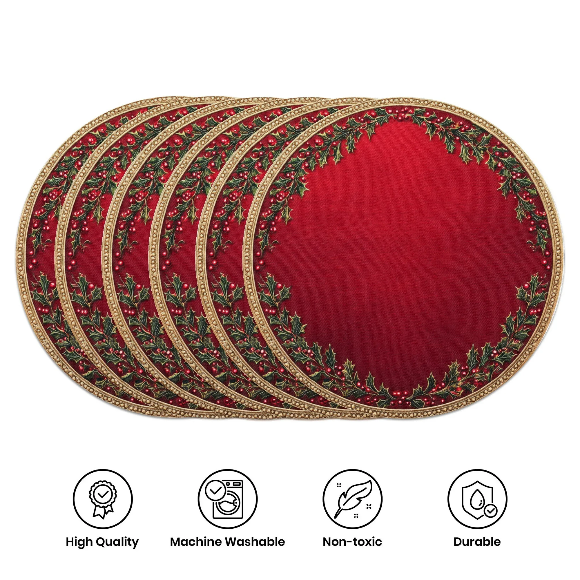 

VIKAMA 6-Piece Christmas Holly Oval Placemats for Family Gatherings Holiday Parties Table Decor and Accessories