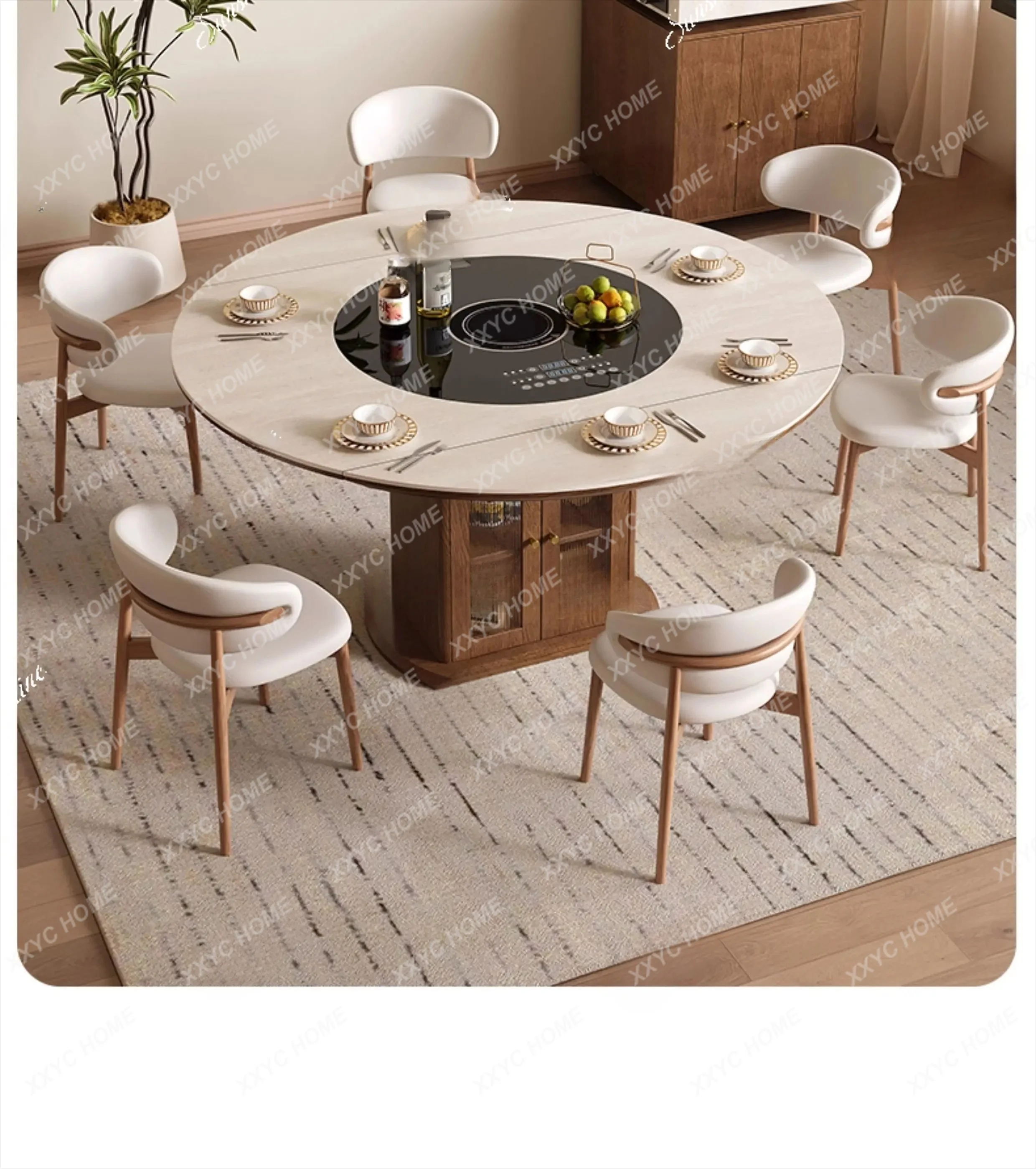 

SQSmall apartment retractable rock slab hot pot table with induction cooker integrated round table