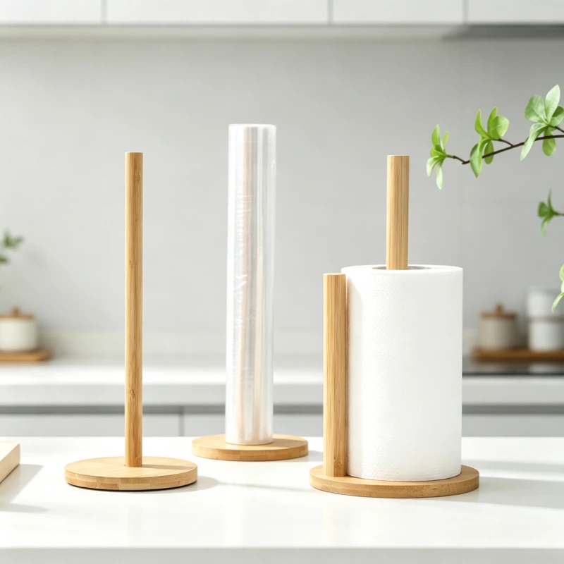 Natural Bamboo Vertical Paper Towel Stand Desktop Storage Holder for Kitchen Roll Wipes Plastic Wrap and Tissue Rolls