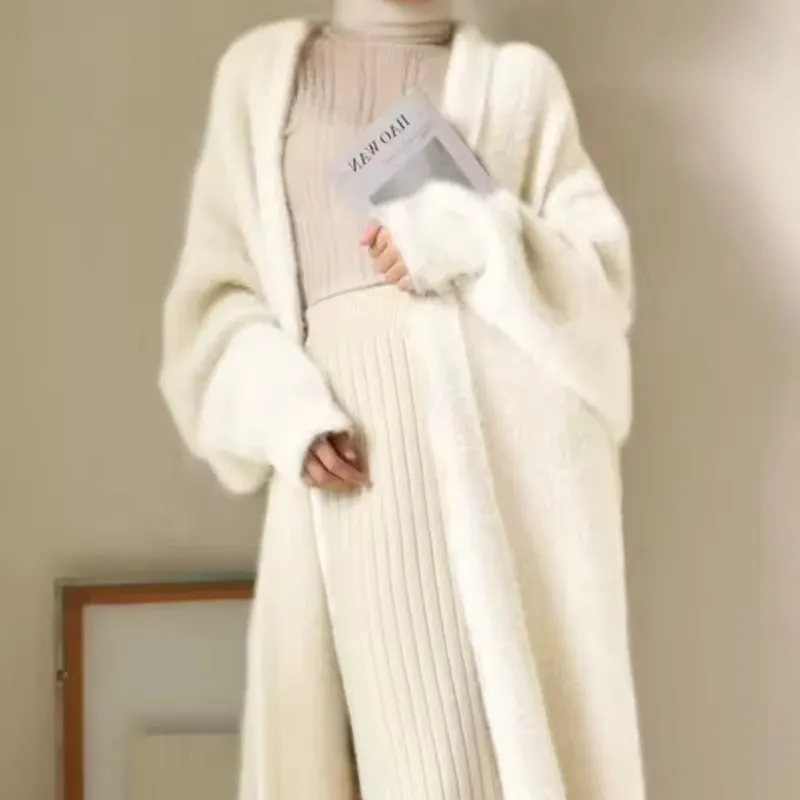 

Korean White Long Cardigan for Women 2025 New Winter Clothes Knitted Fluffy Long Sleeve Mink Fleece Sweater Warm Casual Coat
