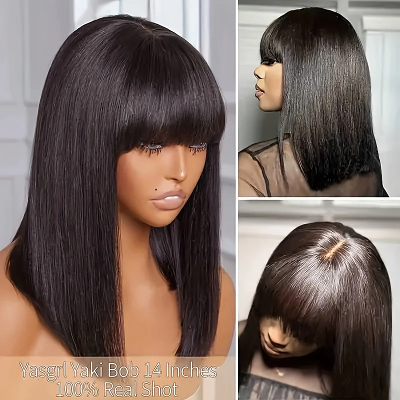 

3x1 HD Lace Closure Short Straight Bob Wigs With Bangs Human Hair Wig Machine Made Wigs Natural Color Remy Hair Fringe Wigs