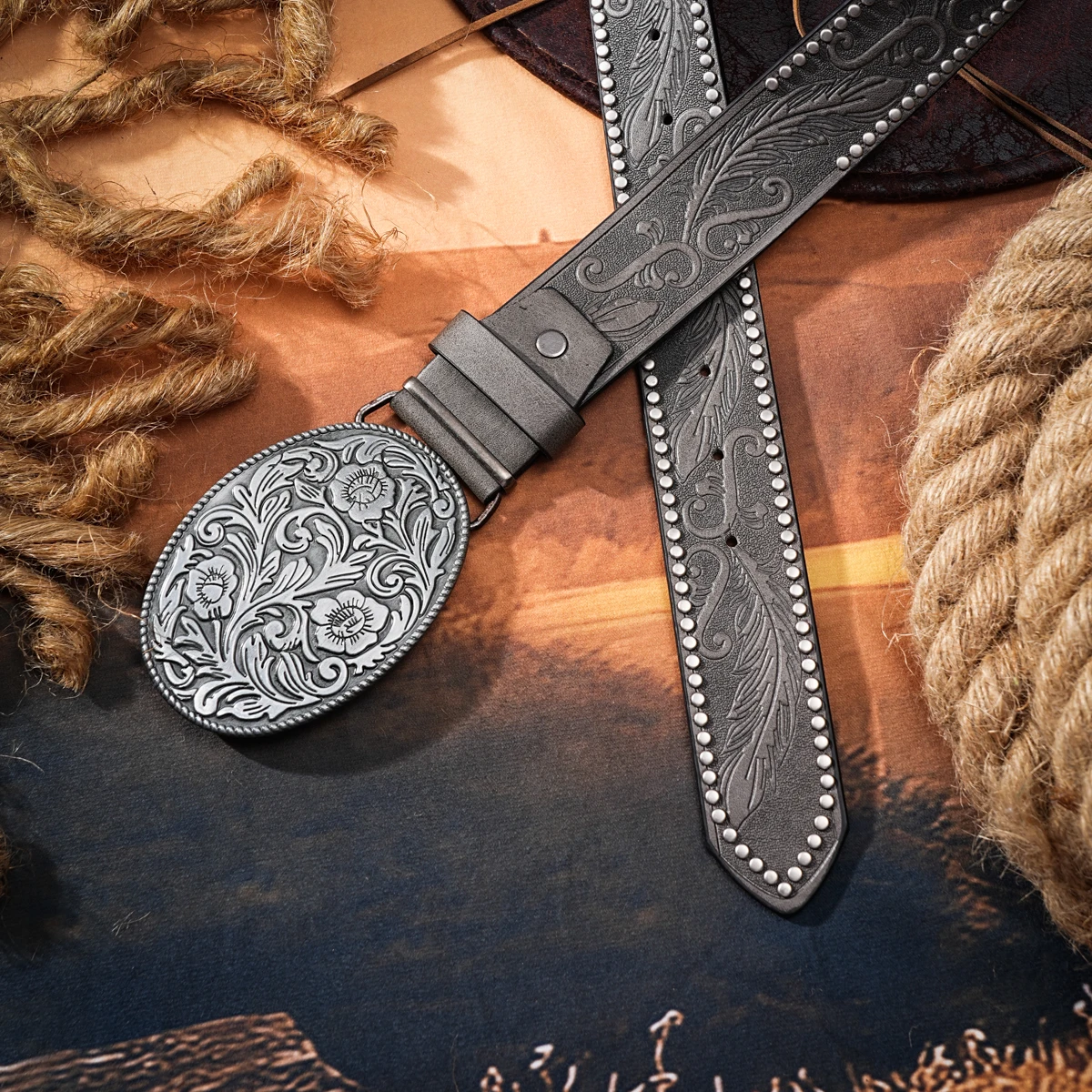 Men & Women-Western-Cowboy-PU Leather-Belts - Vintage Horse Belt Floral Engraved Buckle Belt for Jeans