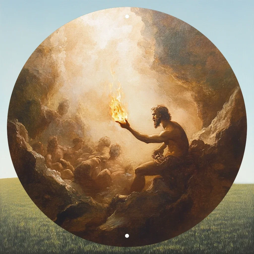 2D Flat, 2D Flat - A 2D Flat Printed Metal Sign Depicting the Captivating Figure of Prometheus, Symbolizing the Gift of Fire to