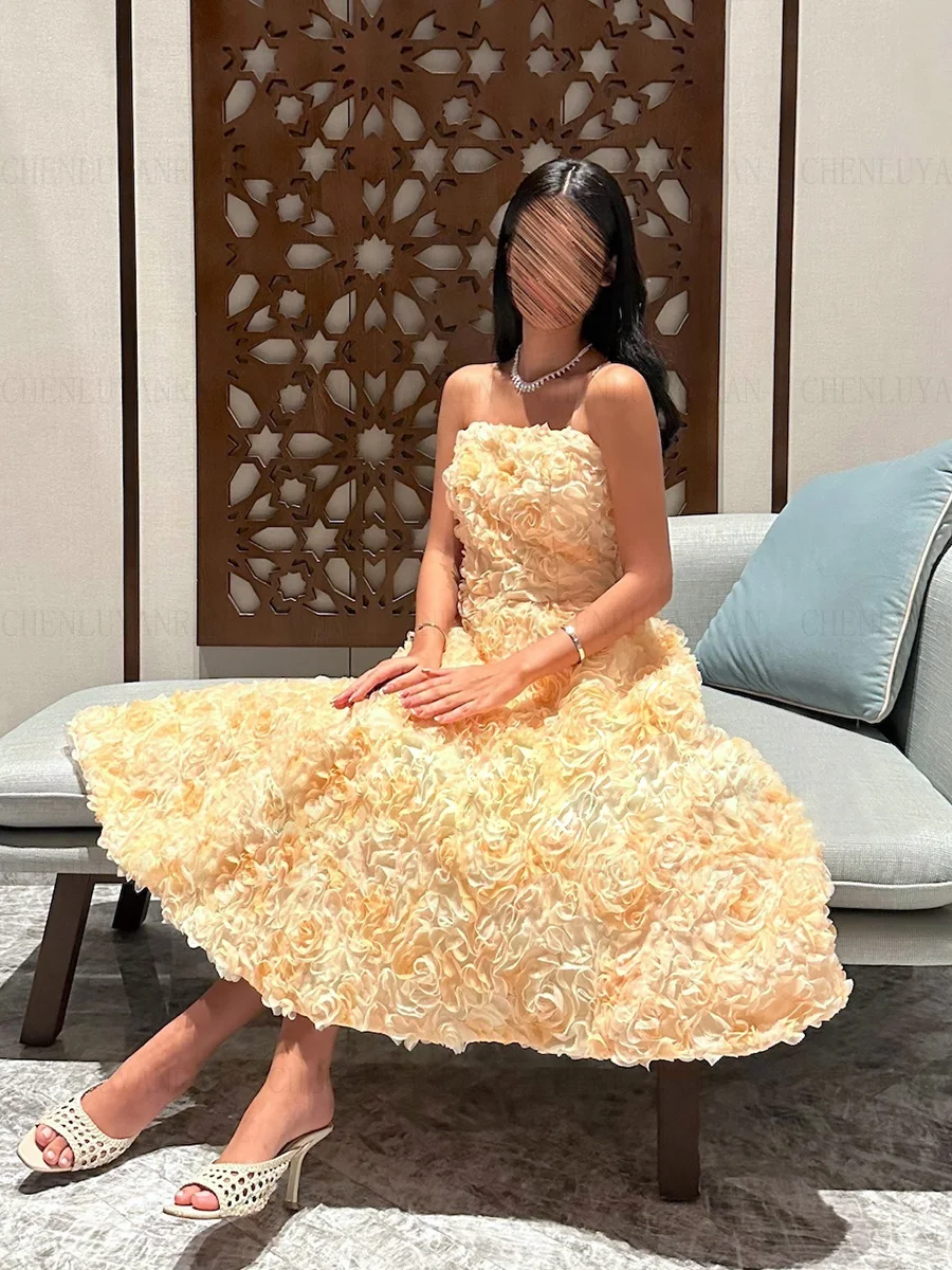 3D Flower lace Formal Occasion Dresses 2023 Yellow A-line Ball Gowns Tea-Length Strapless Evening Party Gowns فساتين الحفلات