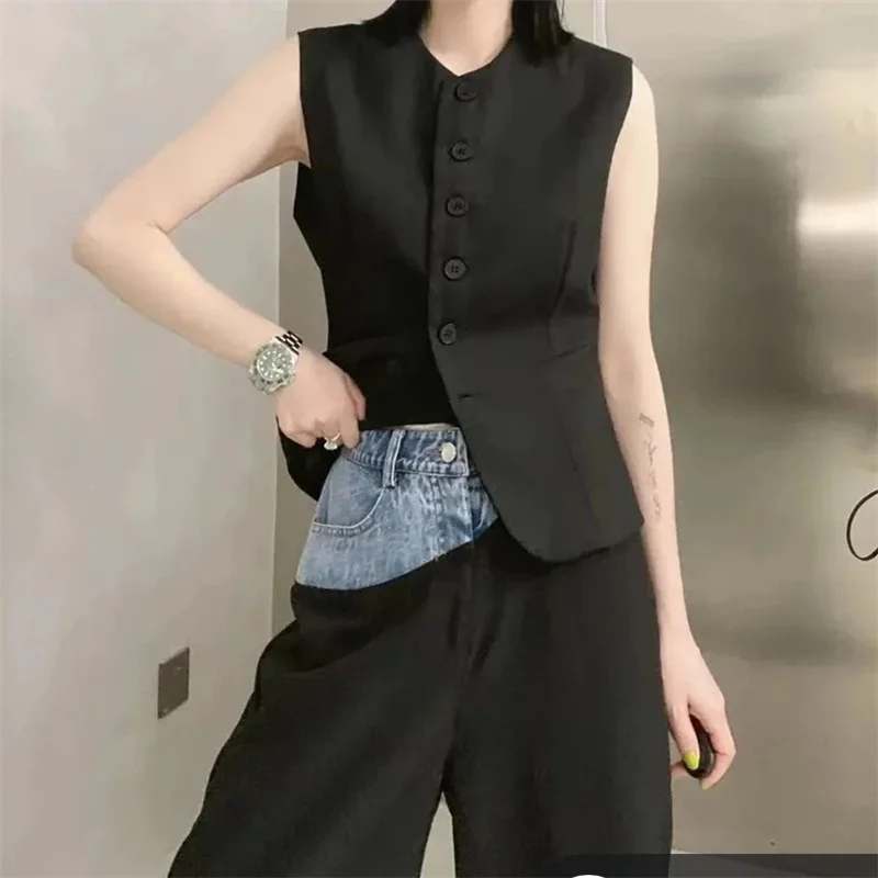 O-Neck Blazer Vest Women Waistcoat Spring Autumn High End Casual Lined Sleeveless Short Jacket Korean Buttons Silm Women\'s Vests