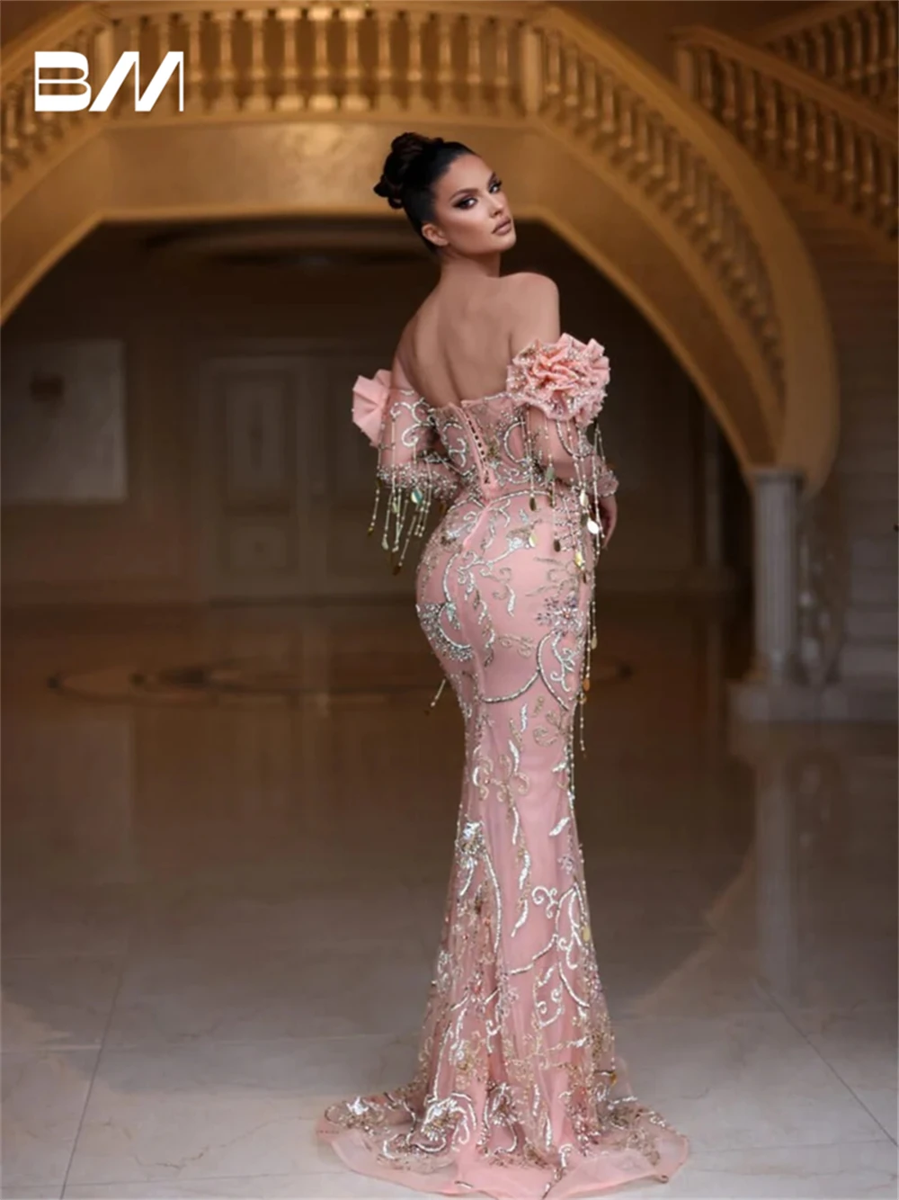 Pink Embroidery Mermaid Evening Dresses For Women Off The Shoulder Long Sleeves Prom Dress With Sweetheart Neckline