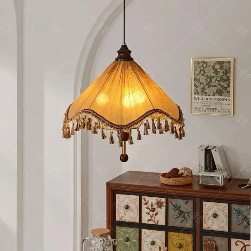 French retro Cloth Pendant Lamp fabric vintage solid wood Chandelier Light Fixture for Bedroom Kitchen Living Room