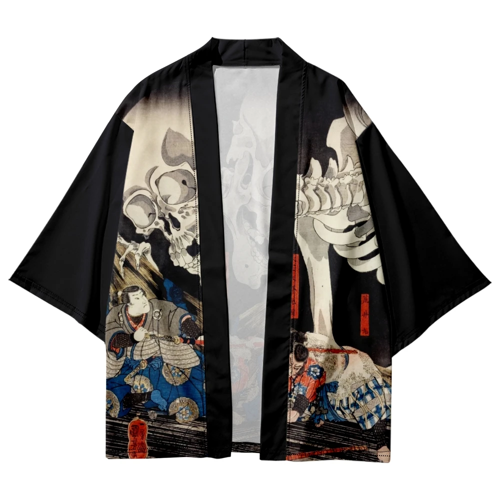 

Vintage Fashion Samurai Skeleton Print Kimono Streetwear Men Cardigan Japanese Haori Summer Beach Yukata Casual Shirts Tops