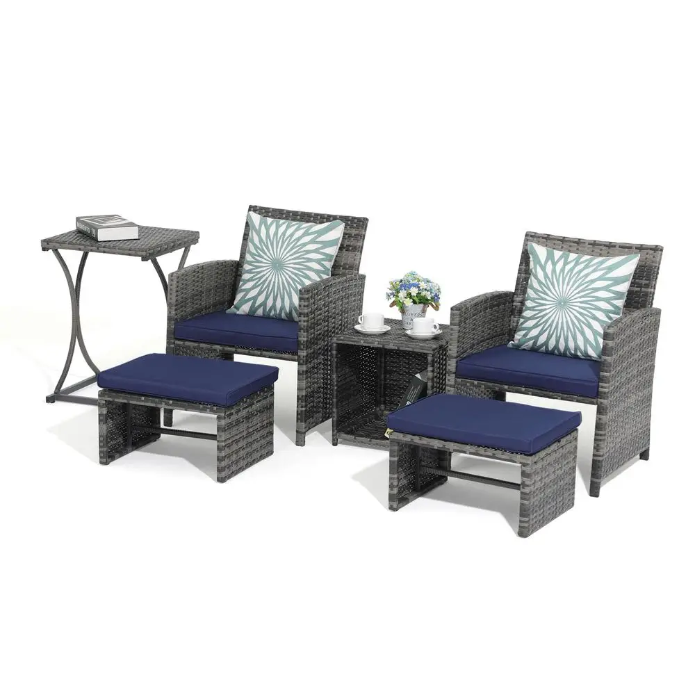 6 Piece Patio Furniture Conversation Set with Ottoman, Outdoor Grey Wicker Chair and Table Set, Balcony Furniture for Apartments