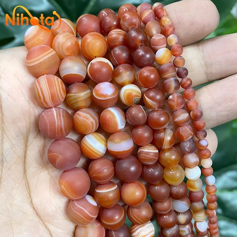 Natural Stone Matte Red Stripe Banded Lace Agates Round Beads for Jewelry Making Fashion Bracelet Ear Studs 15