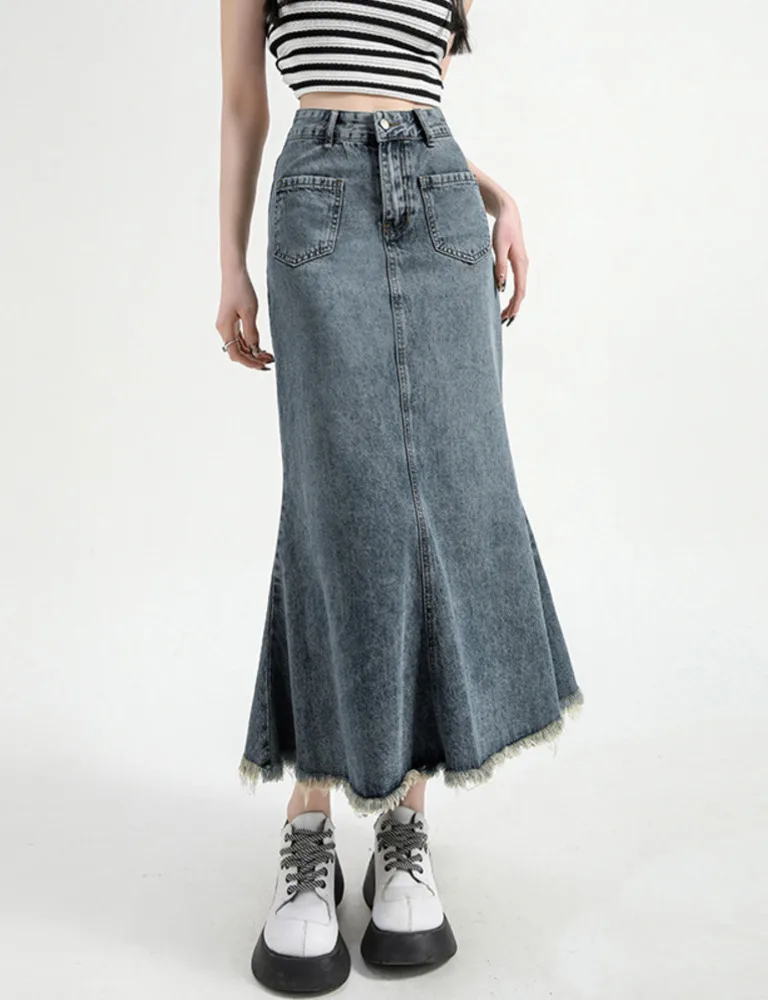 

Blue High Waist Slim Buttocks Fishtail Denim Skirt Women 2023 New Slim Mid Length Skirt Fashion Women Skirts Sweet V609