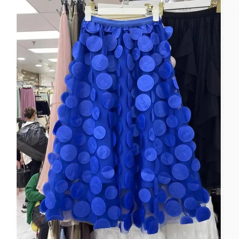 

Skirt Women Elegant Casual Elastic Waist Party Lace Fashion Streetwear Solid Color Three Dimensional Flower Skirts Midi Female