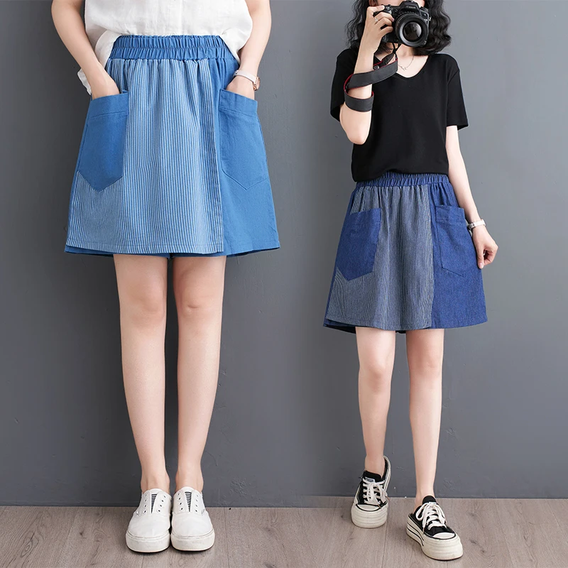 

Summer New High Waist Elastic Wide Leg Pants Denim Loose Casual Slimming Versatile Fake Two-Piece High Waist Casual Style Thi...